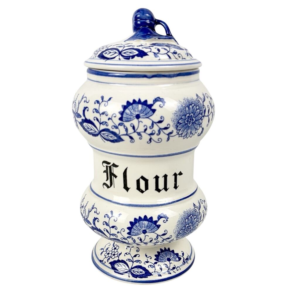 VTG Arnart Blue Onion Danube Ceramic Flour Canister Jar w/Lid White Floral Blue